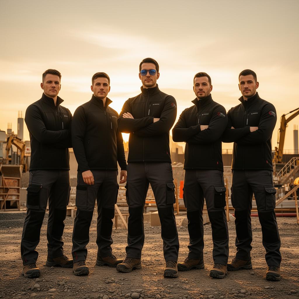 Confident workforce crew in matte black thermal gear at sunrise on a job site