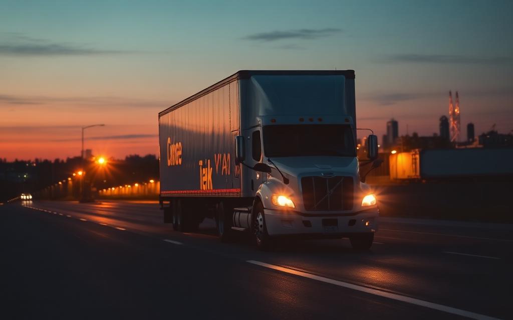 White box truck departing a Newark logistics yard at dusk on a recurring nightly lane to Philadelphia