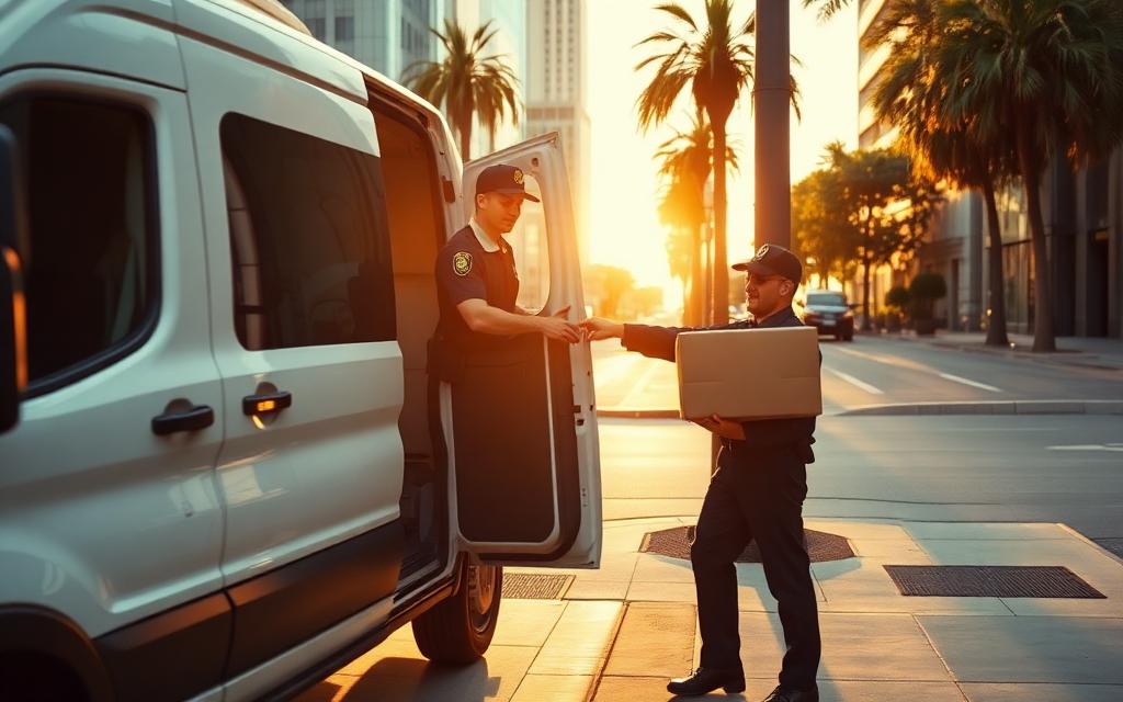 Uniformed courier handing a sealed parcel from a white cargo van to a recipient on a downtown LA sidewalk