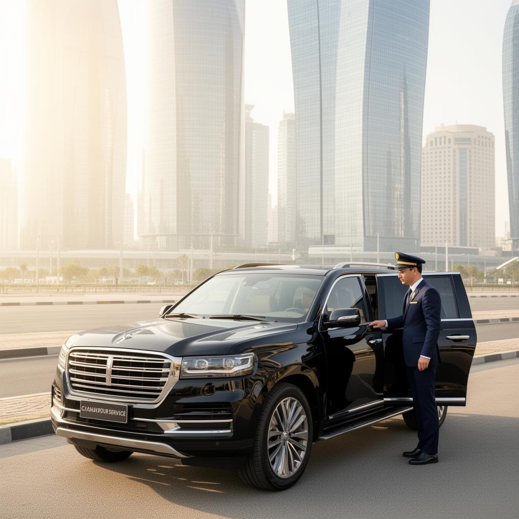 Chauffeur in navy suit opening a luxury SUV door at golden hour
