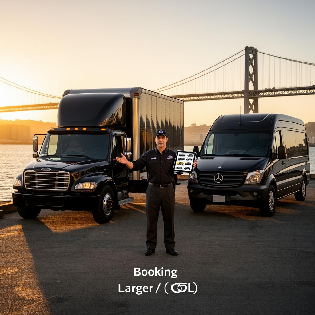 White cargo van and box truck parked at a modern loading bay at sunset