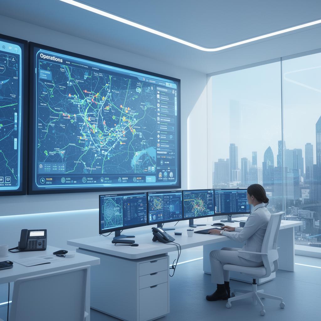 Dispatcher hands on a glowing operations console with safety monitors