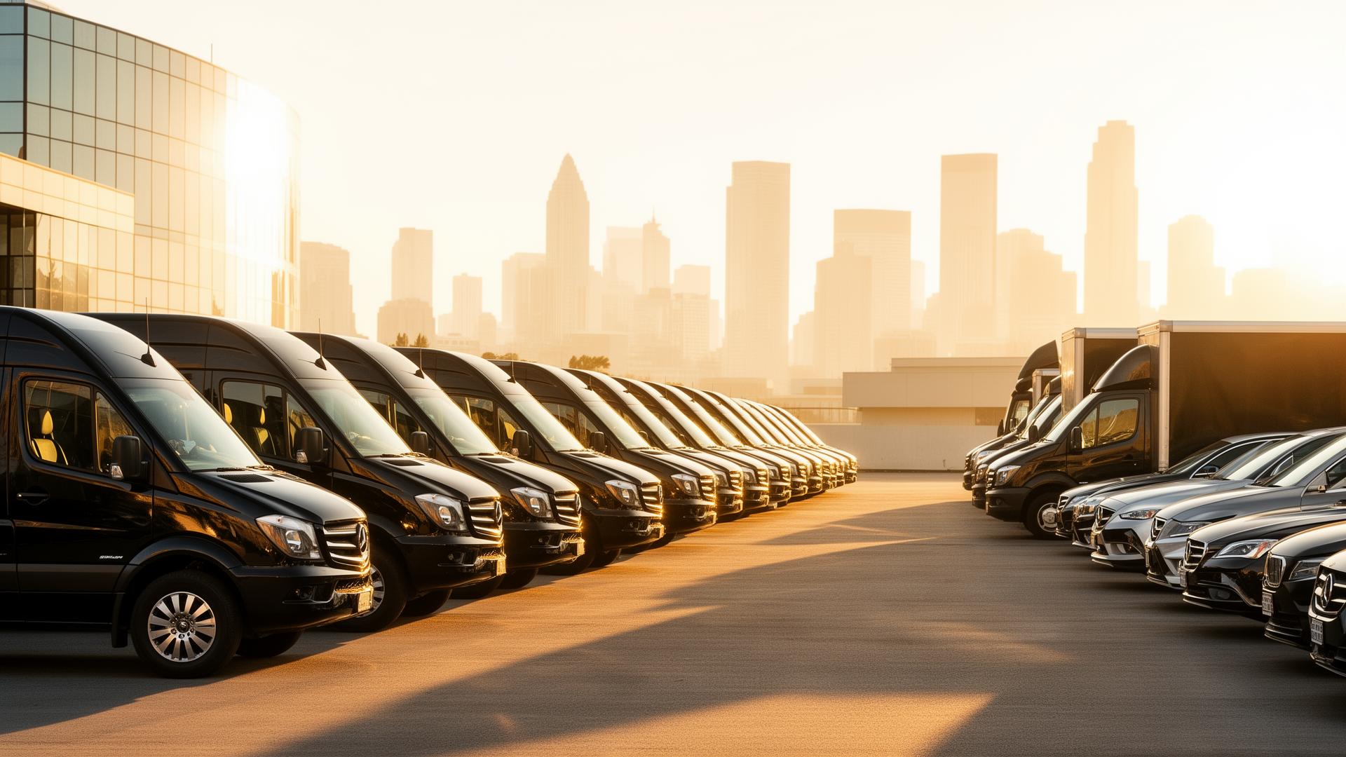 Premium fleet of black sprinter vans, sedans, and box trucks lined up at a sunlit dispatch yard with city skyline
