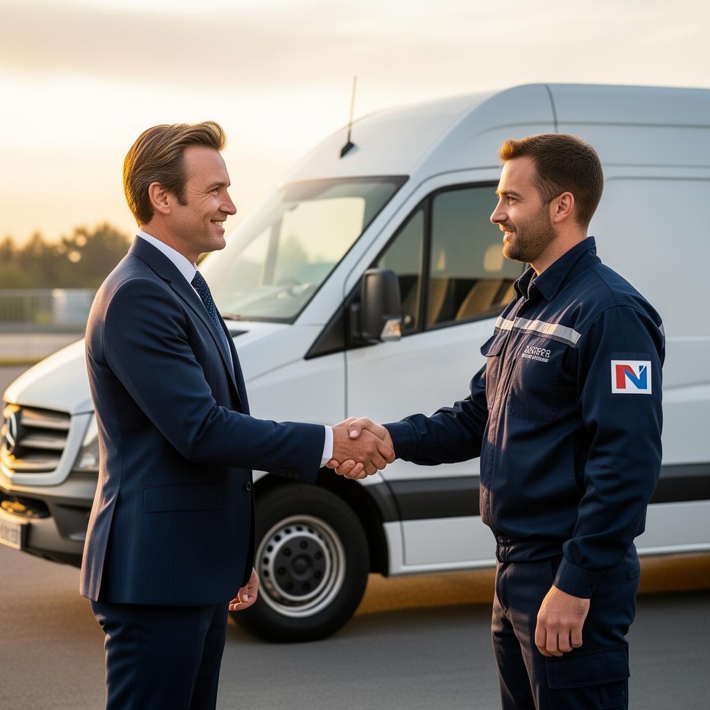 Booker and driver shaking hands in front of a delivery van