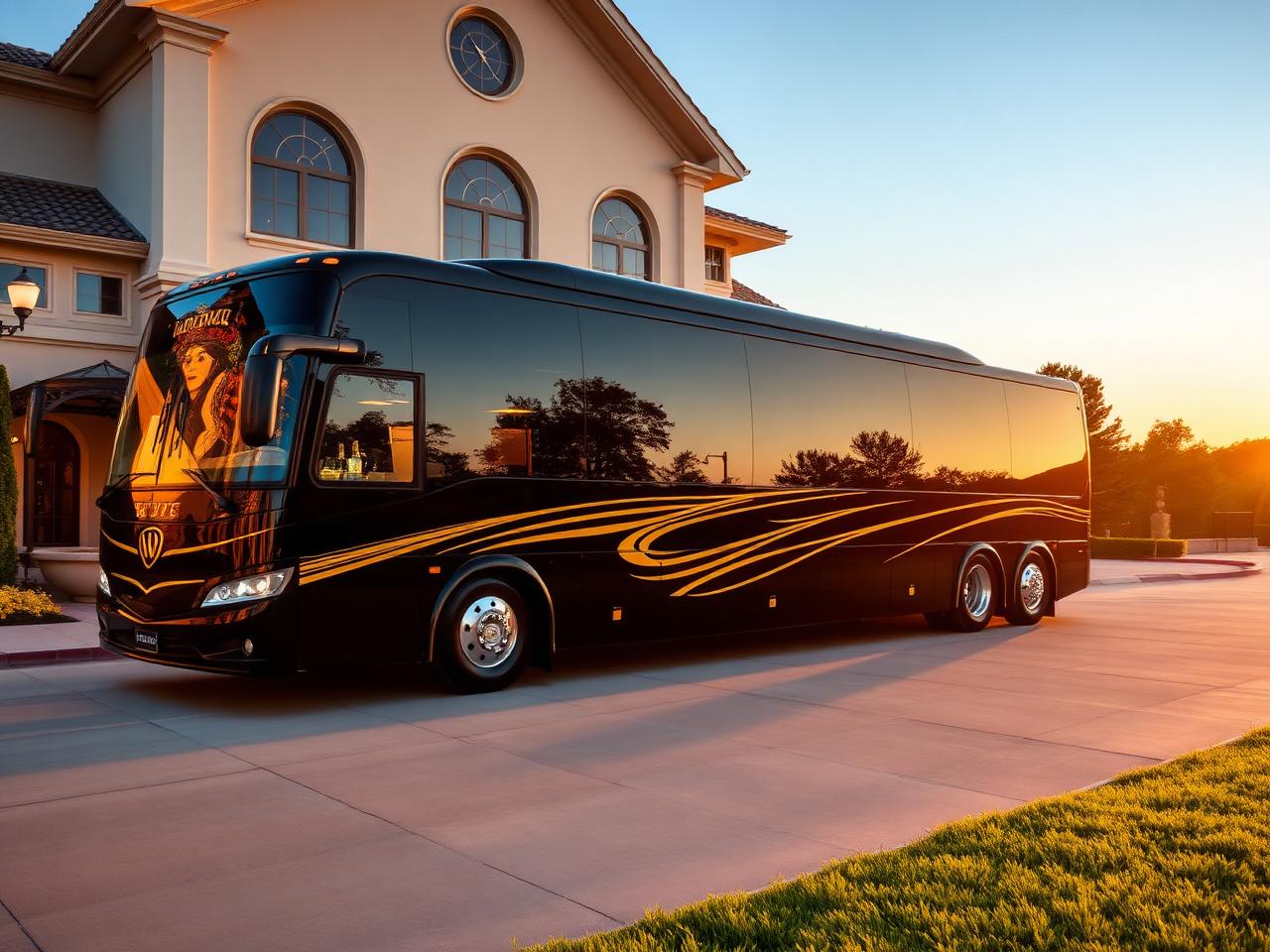 Large luxury coach party bus parked at upscale wedding venue