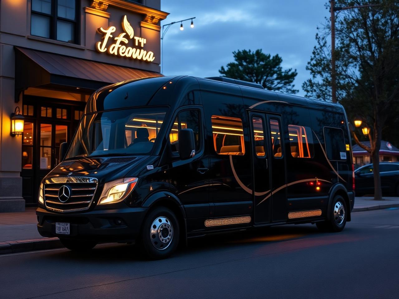 Black mini party bus parked outside upscale restaurant at dusk