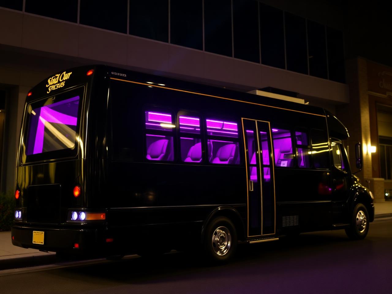 Mid-size luxury party bus with purple LED interior at night