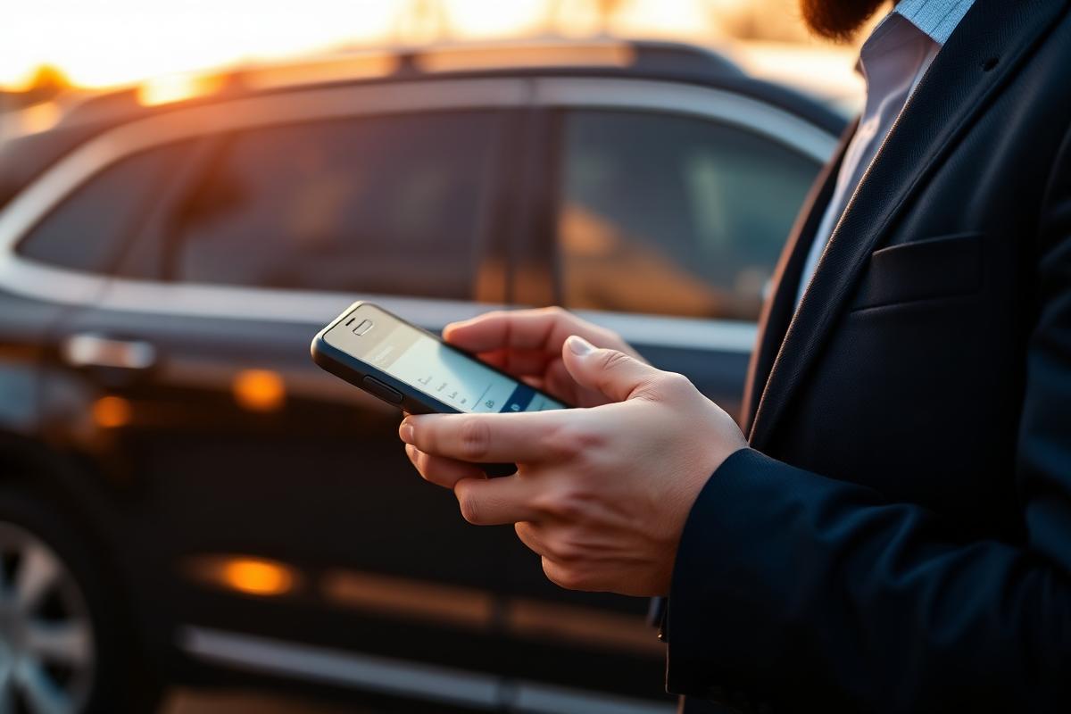 Booker confirming a chauffeur ride on a smartphone beside a polished SUV