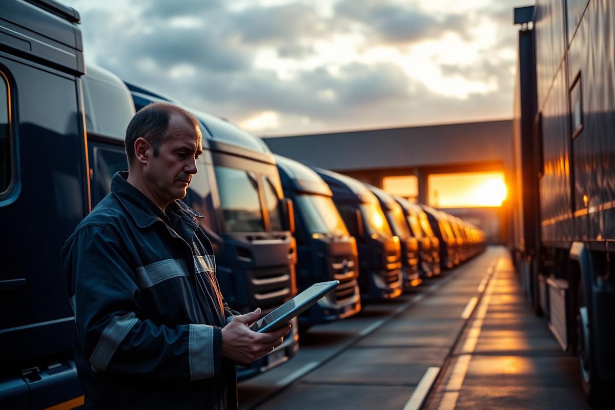 Carrier dispatcher reviewing routes on a tablet beside a row of fleet vans