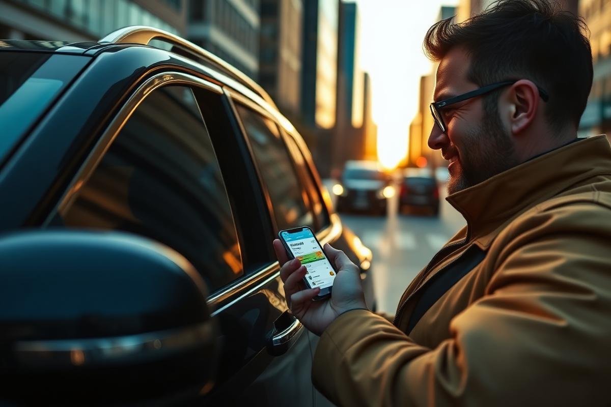Driver checking weekly earnings on a smartphone next to a polished SUV at sunset