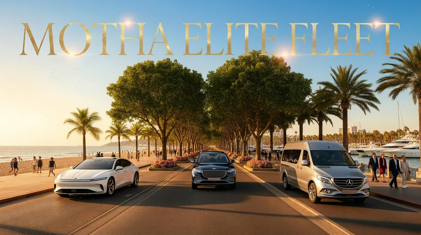 Premium, Executive and Enterprise Elite Fleet vehicles lined up at a luxury hotel porte-cochere at golden hour