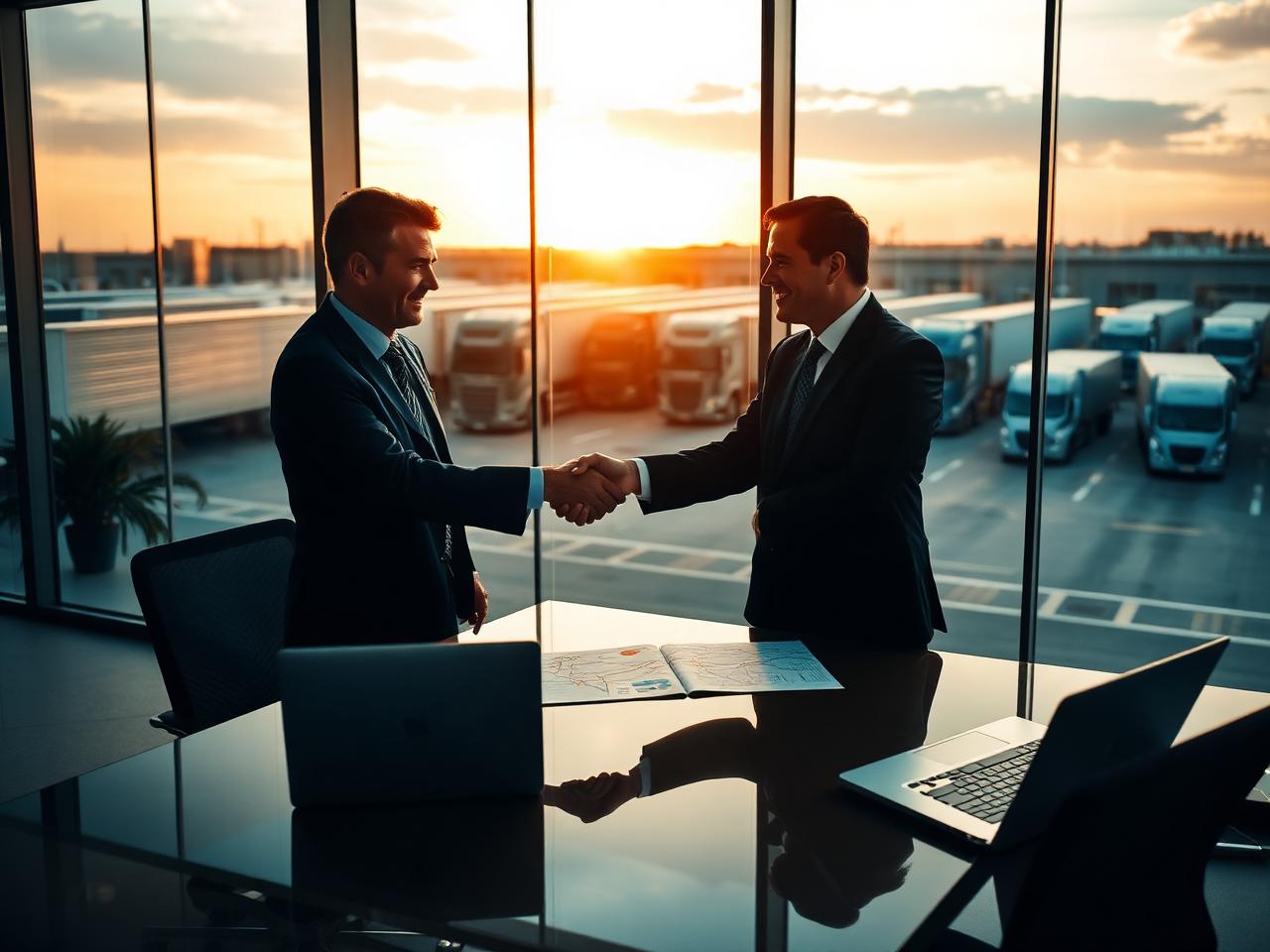 Enterprise team closing a fleet contract in a modern logistics office at sunset