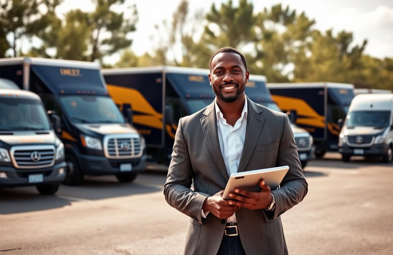 Black business owner standing in front of a small fleet of branded sprinter vans and box trucks