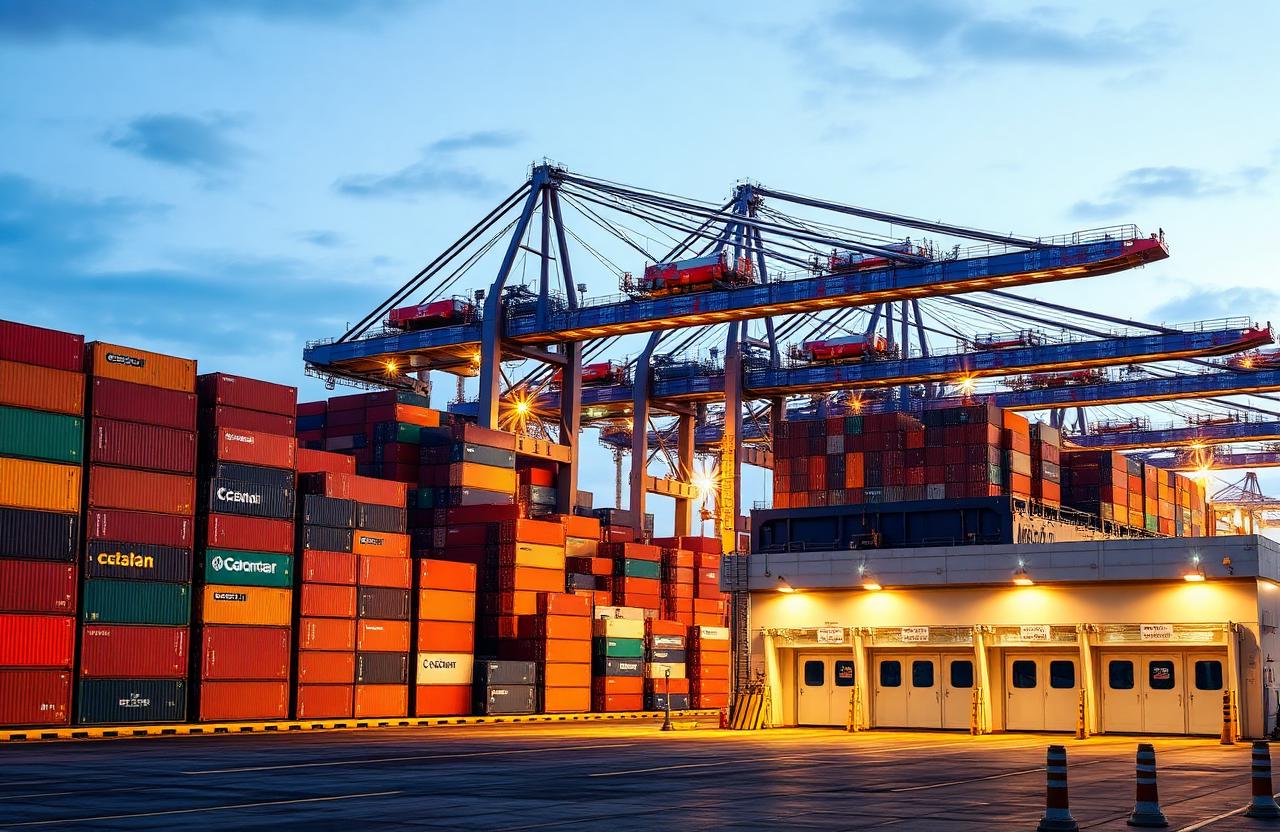 Shipping port at dusk with stacked containers and gantry cranes loading a cargo ship
