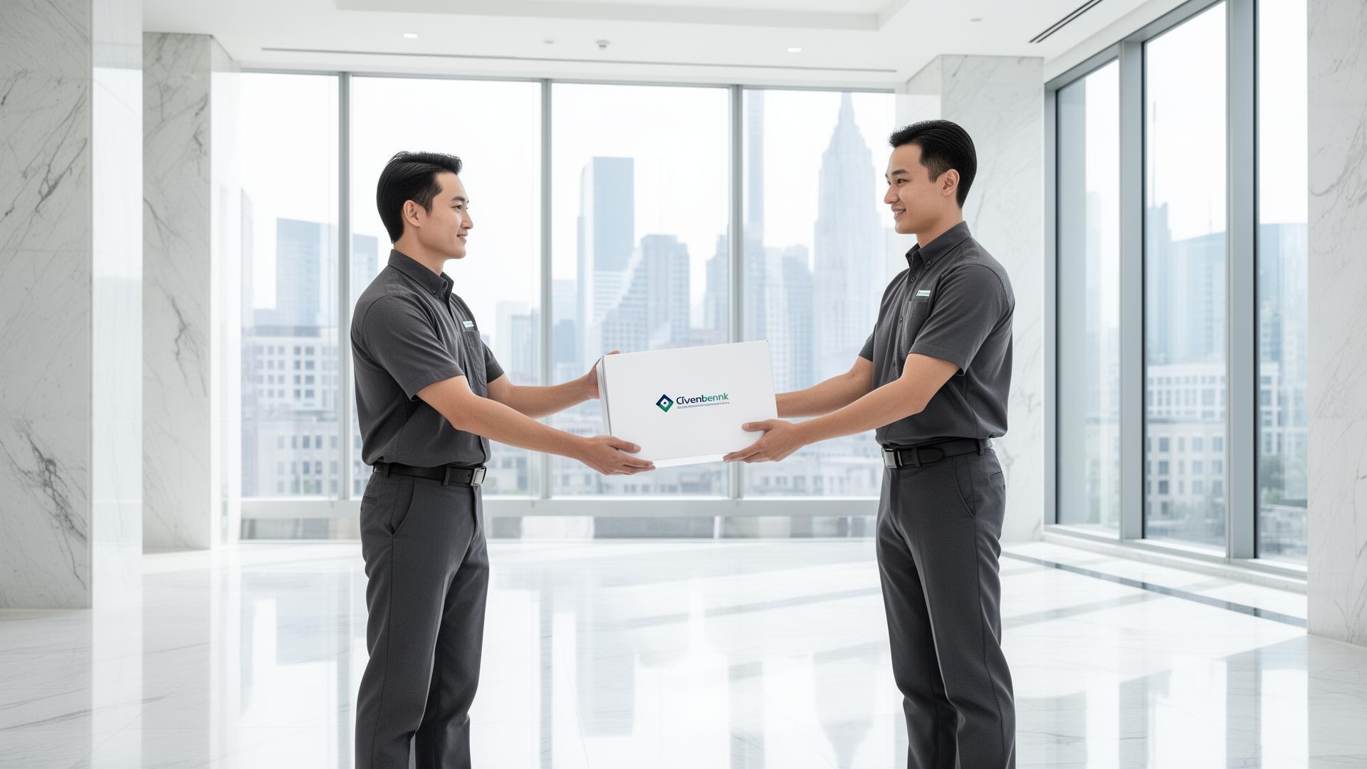 Two Motha Transport couriers handing off a sealed package in a modern lobby