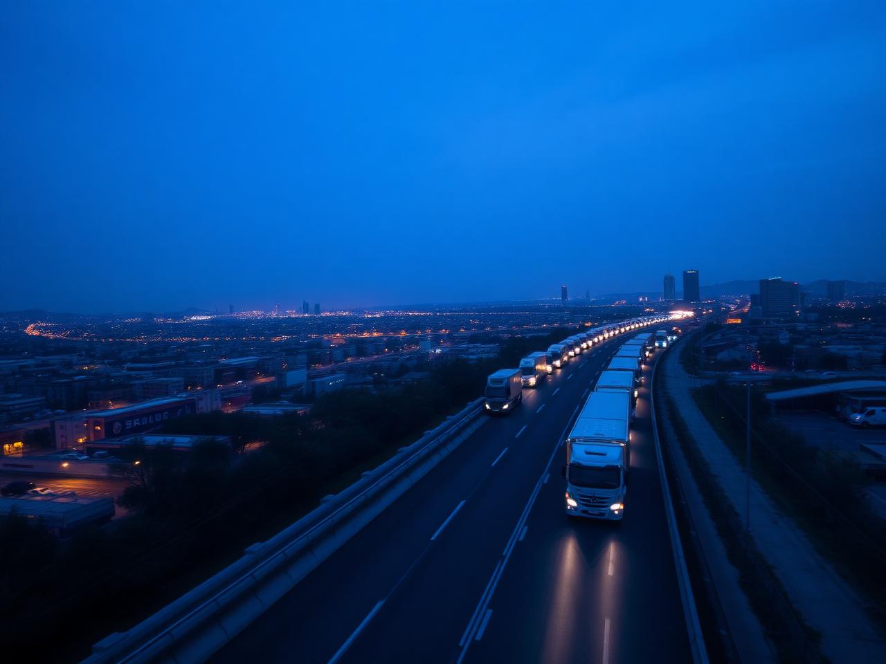 Fleet of freight trucks moving at twilight
