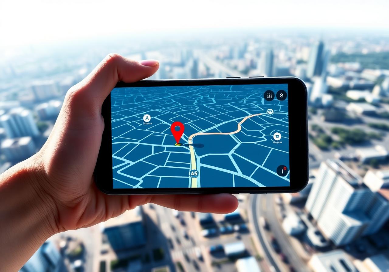 Phone showing a live GPS map with a moving vehicle pin