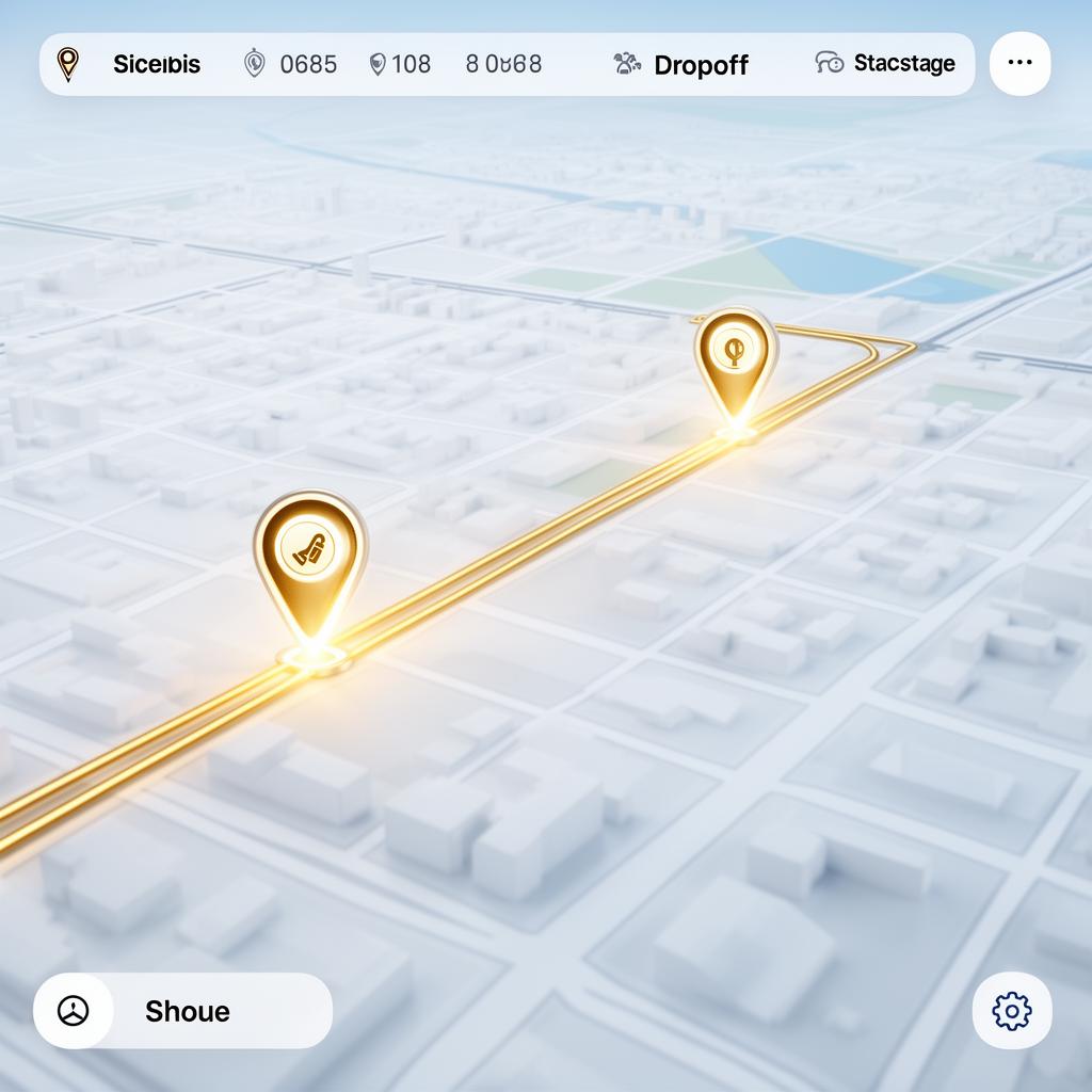 Top-down city map showing a live tracked route between pickup and dropoff pins
