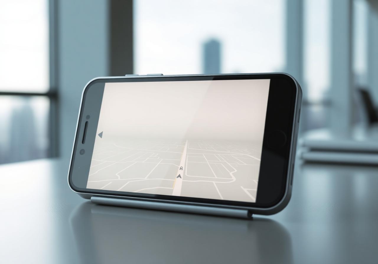 Phone showing live GPS tracking with route line over a city skyline