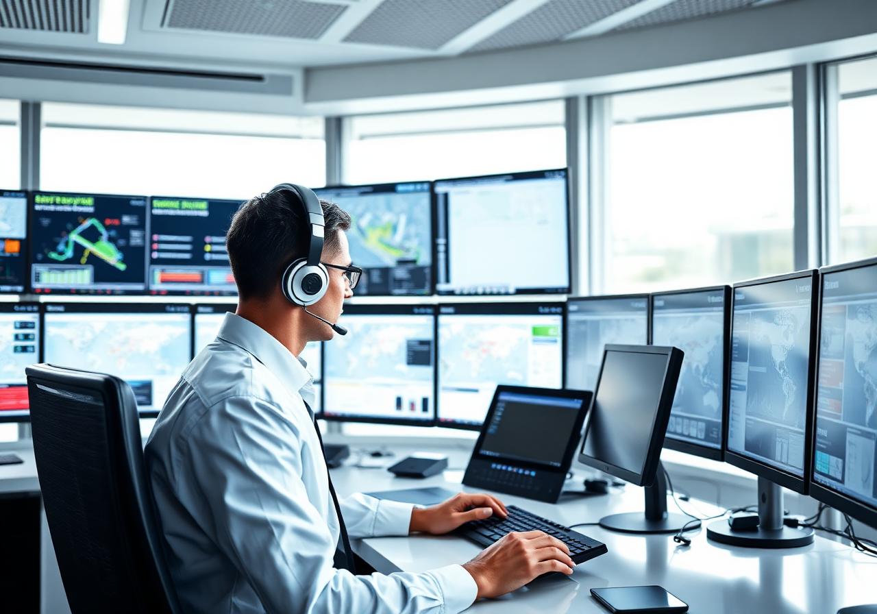 Rescue dispatch operator in headset monitoring command room screens
